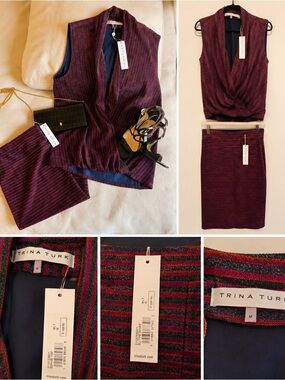 Trina Turk burgundy red and blue Striped Knit Pencil Skirt and plunge top